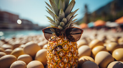 Pineapple with sunglasses near little hearts on the sandy beach. Generative AI