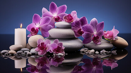 Harmony of Elements: Water, Stones, and Purple Orchids - A Feng Shui and Zen Meditation Concept