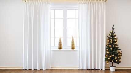 Interior modern style of apartment with big window and white curtains, Christmas tree and object for home decorations,
