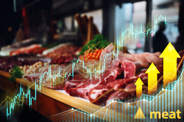 Various meat products in a display case overlaid with stock market analysis charts