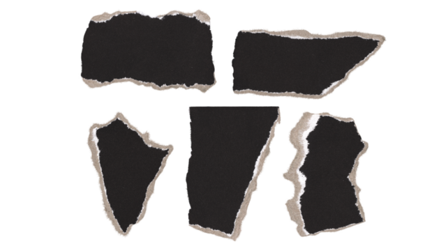 Set of torn and ripped paper pieces, fragments with double edges from black paper in Y2K retro style, png isolated pieces on transparent background for text banner, mockups, textures, frame decoration