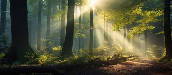 Sunlight filtering through misty woods.