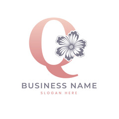 Q Letter Logo with Flower. Floral Q Logo Feminine Luxury Logo Design