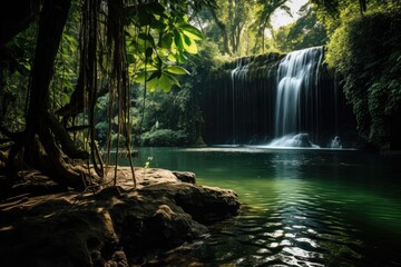 A refreshing waterfall in the lush greenery of the rainforest.