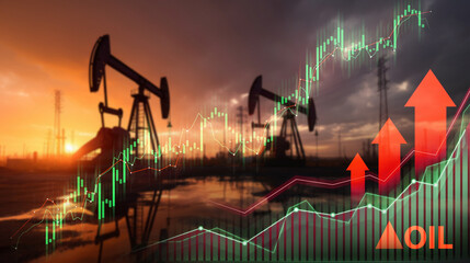 Oil pump jacks and refinery silhouettes with overlay of bullish stock market charts