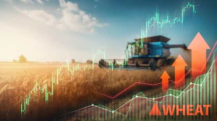 Harvesting machinery in a golden wheat field with stock market growth charts and arrows - obrazy, fototapety, plakaty