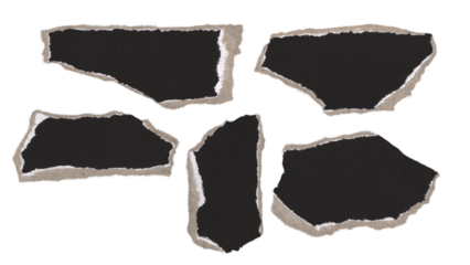 Set of torn and ripped paper pieces, fragments with double edges from black paper in Y2K retro style, png isolated pieces on transparent background for text banner, mockups, textures, frame decoration