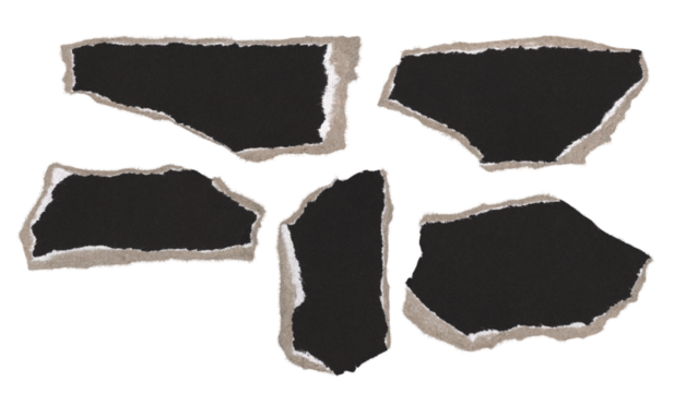 Set of torn and ripped paper pieces, fragments with double edges from black paper in Y2K retro style, png isolated pieces on transparent background for text banner, mockups, textures, frame decoration