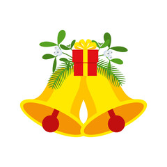 Two Christmas bells with gift box and floral garland.