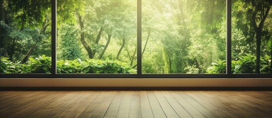Indoor photo of a tree-filled view seen through windows in a room with wooden flooring.