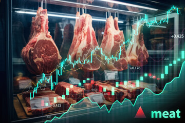 Various meats displayed in a butcher shop with financial graphs indicating market prices
