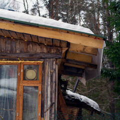 melting snow on the cabin rooftop, winter scene