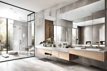 Minimalist spa bathroom with a floating vanity, neutral tones, and a sleek glass shower - obrazy, fototapety, plakaty