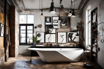 Artistic loft bathroom with  artwork, a sculptural bathtub, and industrial-chic fixtures
