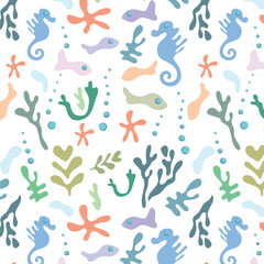 Cartoon underwater cute pattern of algae, fish, starfish, bubbles, corals, seahorses on a white background. Vector image for design, background, fabric, textiles, clothing, cards.