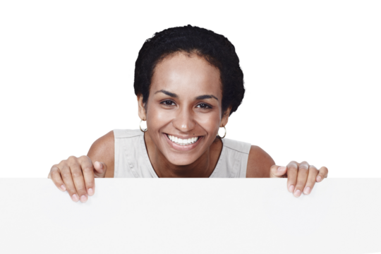Portrait, smile and woman with promotion, billboard and opportunity isolated on transparent background. Face, person and model with a poster, png and information with decision, choice or presentation