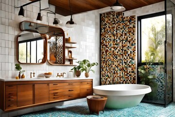 Mid-century modern bathroom with teak furniture, colorful tiles, and retro-inspired fixtures - obrazy, fototapety, plakaty