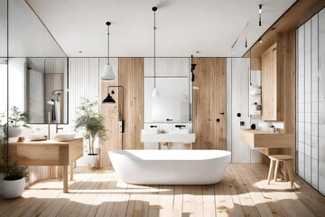 Fototapeta na wymiar Scandinavian-inspired bathroom with clean lines, light wood, and a freestanding bathtub