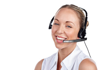 Call center, woman and portrait with smile for telemarketing, CRM consulting and customer service questions isolated on transparent png background. Face of sales agent, microphone or telecom advisory