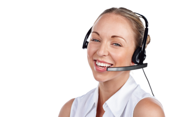 Call center, woman and portrait with smile for telemarketing, CRM consulting and customer service questions isolated on transparent png background. Face of sales agent, microphone or telecom advisory