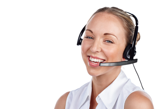 Call center, woman and portrait with smile for telemarketing, CRM consulting and customer service questions isolated on transparent png background. Face of sales agent, microphone or telecom advisory