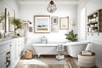 Fototapeta na wymiar Coastal chic bathroom with a shiplap wall, a clawfoot tub, and nautical accents