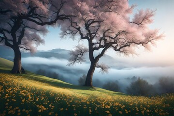 Beautiful spring in landscape. Foggy summer morning in the mountains.