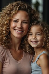 Fototapeta premium Close-up portrait of a beautiful smiling happy mom and a small 5-year-old daughter on a gray background. Family Day, Mother's Day, Hug day, family values and love concepts.