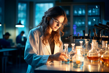 Mujer científica investigación probeta  - Beca investigación estudiante ciencia farmacos - obrazy, fototapety, plakaty