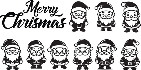 Vector Santa Claus collection. Set of cartoon funny Santa, Black and White. Chrismas collection of Santa Claus figures
