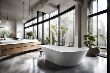 Contemporary loft bathroom with polished concrete floors, a freestanding bathtub, and floor-to-ceiling windows - obrazy, fototapety, plakaty