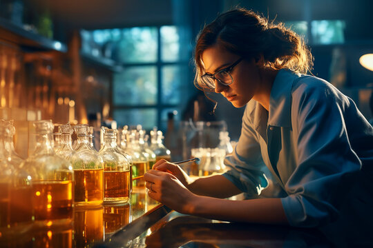 Mujer cient&iacute;fica investigaci&oacute;n probeta  - Beca investigaci&oacute;n estudiante ciencia farmacos