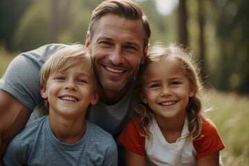 Close-up portrait of a beautiful family in nature. Dad with his son and daughter smile and look at the camera. Family Day, Day of Smiles, happiness, family values concepts.
