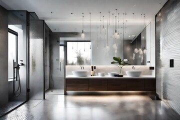 Contemporary spa-like bathroom featuring a rain shower, glass partition, and minimalist design