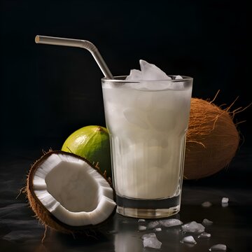 Coconut and coconut cocktail with ice cubes on a plain background, isolated image of objects: drinks, dessert, fruit, topics, tropical, delicious, cooling, light (Ai generation)