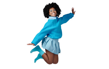 Portrait of black woman, fashion with jump and happy face with an hair care with African hairstyle....