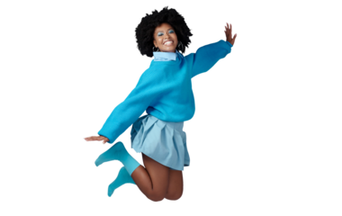 Portrait of black woman, fashion with jump and happy face with an hair care with African hairstyle. Trendy accessory and stylish clothing and female person isolated on transparent, png background