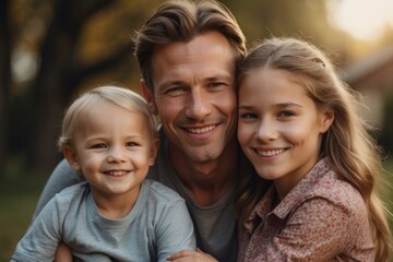 Close-up portrait of a beautiful family in nature. Dad with his son and daughter smile and look at the camera. Family Day, Day of Smiles, happiness, family values concepts.