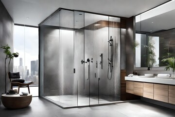 Contemporary spa-like bathroom featuring a rain shower, glass partition, and minimalist design