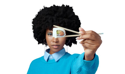 Sushi, food and portrait of black woman with chopsticks for seafood on isolated, png and transparent background. Eating, hunger and African person with luxury takeout for lunch, dinner and supper