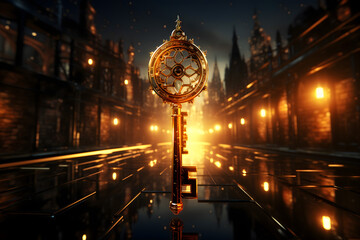 golden modern key shining floating, key to the world key to the future
