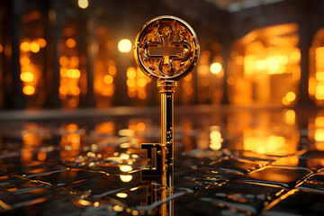 golden modern key shining floating, key to the world key to the future