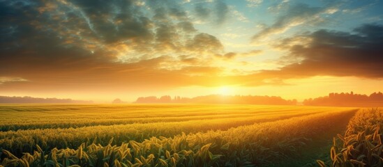 Gorgeous dawn rising above field of corn.