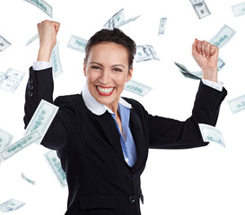 Portrait, money rain and business with celebration, woman or employee isolated on transparent...