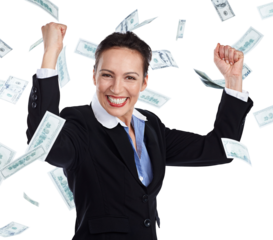 Portrait, money rain and business with celebration, woman or employee isolated on transparent background. Face, wealthy person or agent with png, financial success or lottery with accounting or smile