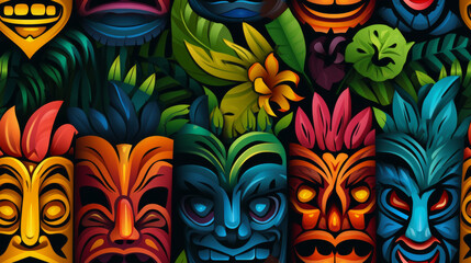 Seamless pattern illustration design of colorful tiki masks drawing in middle of green leaves - obrazy, fototapety, plakaty