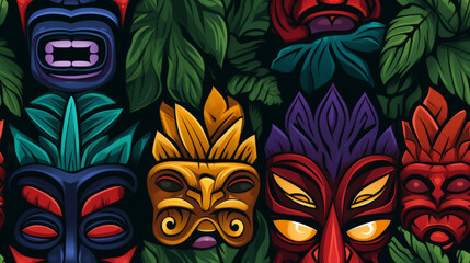 Seamless pattern illustration design of colorful tiki masks drawing in middle of green leaves - obrazy, fototapety, plakaty