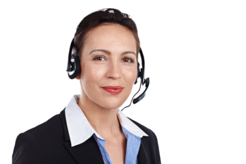 Call center, woman and face portrait for communication, CRM questions and customer service support isolated on transparent png background. Telemarketing consultant with microphone for telecom contact