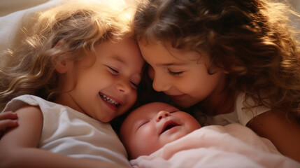 Fototapeta na wymiar Portrait of two young girls lay next to a newborn baby showing care for their new born sister , siblings sisterhood and third child concept image