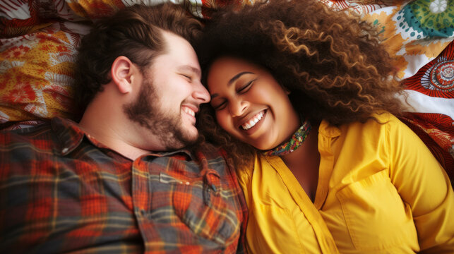 Portrait of a plus size mixed race couple of a man and woman laying in bed displaying their affection for each other